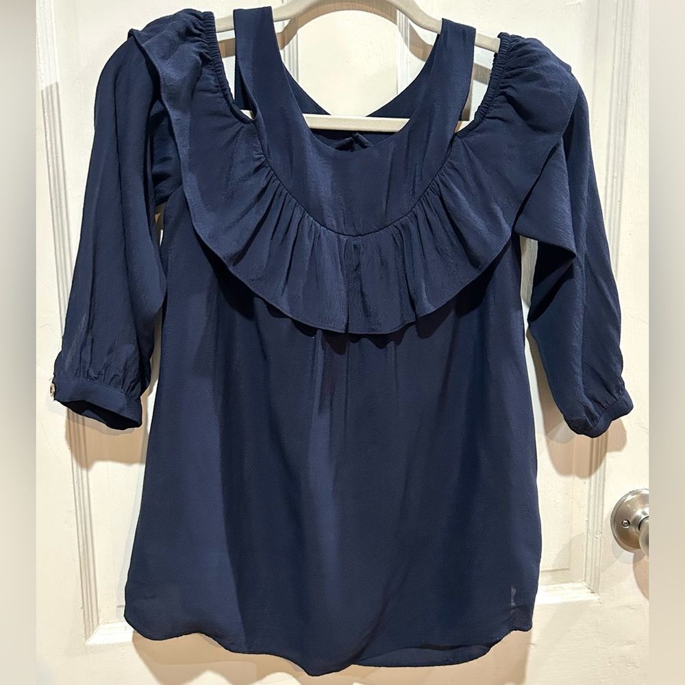Anthropologie Maeve Navy Cold Shoulder Ruffle Top Romantic Coquette Size 2 & 4 - Picture 4 of 10